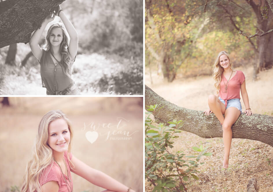 High school senior girl sitting on a tree limb