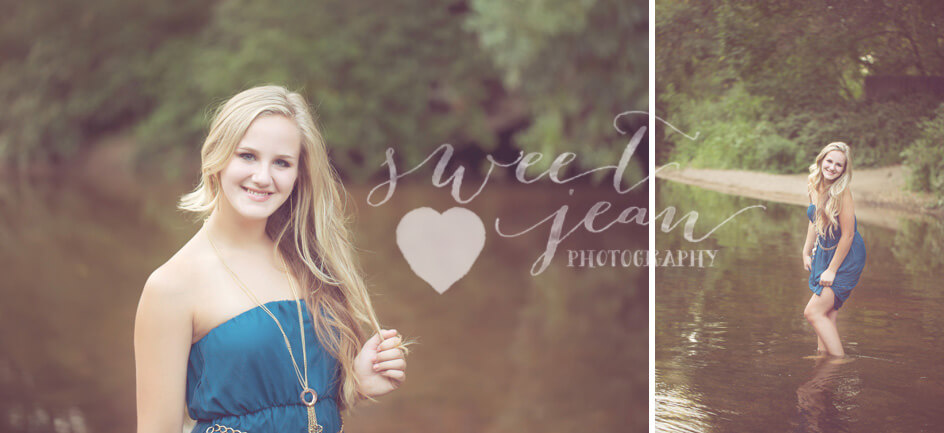 High school senior girl in a blue dress in water