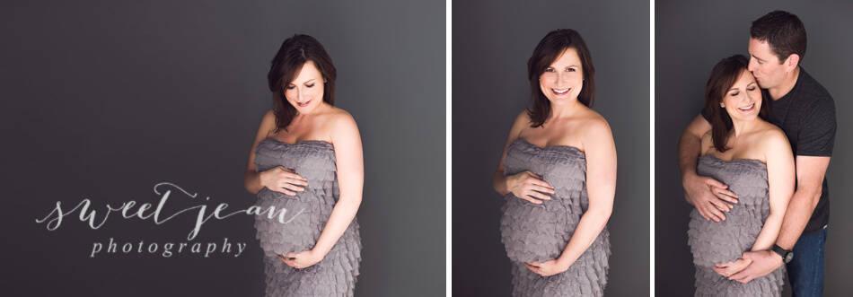 glamour maternity portrait in grey ruffled dress waiting for caden