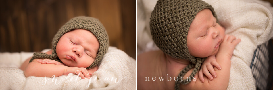 Roseville Photography Studio Newborn in handknit moss green bonnet