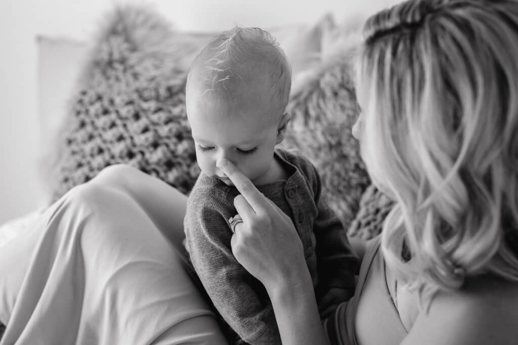 Black and white photo of mom and toddler boy by Roseville California Photographer Sweet Jean.