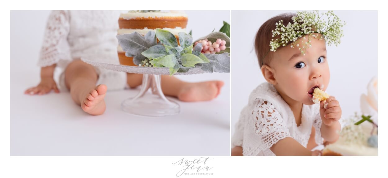 baby eating cake 1st birthday Sacramento Baby Photographer Sweet Jean Photography